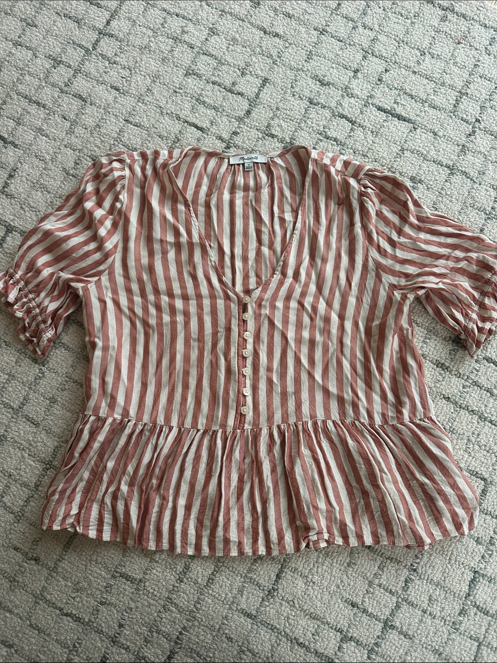 Madewell Striped Button-Front Peplum Top - Pink & White
